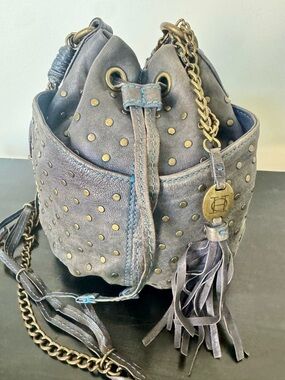 Olivia Harris Blue Distressed Leather Studded Bucket Bag